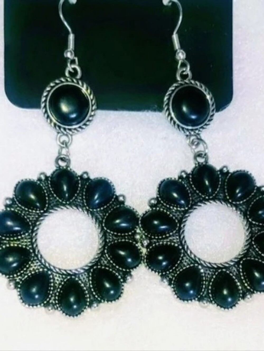 2/$10.  Elegant Black Floral Hoop Earrings